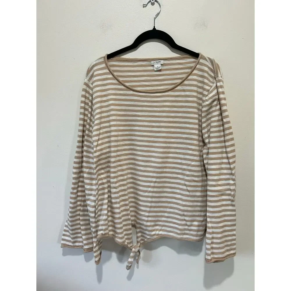 J. Crew tan white striped knit sweater womens XL round neck light weight